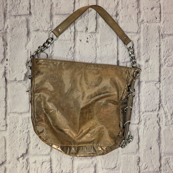 Michael Kors Designer Shoulder Bag Metallic Taupe Leather w/ Chain Accent - Picture 4 of 14